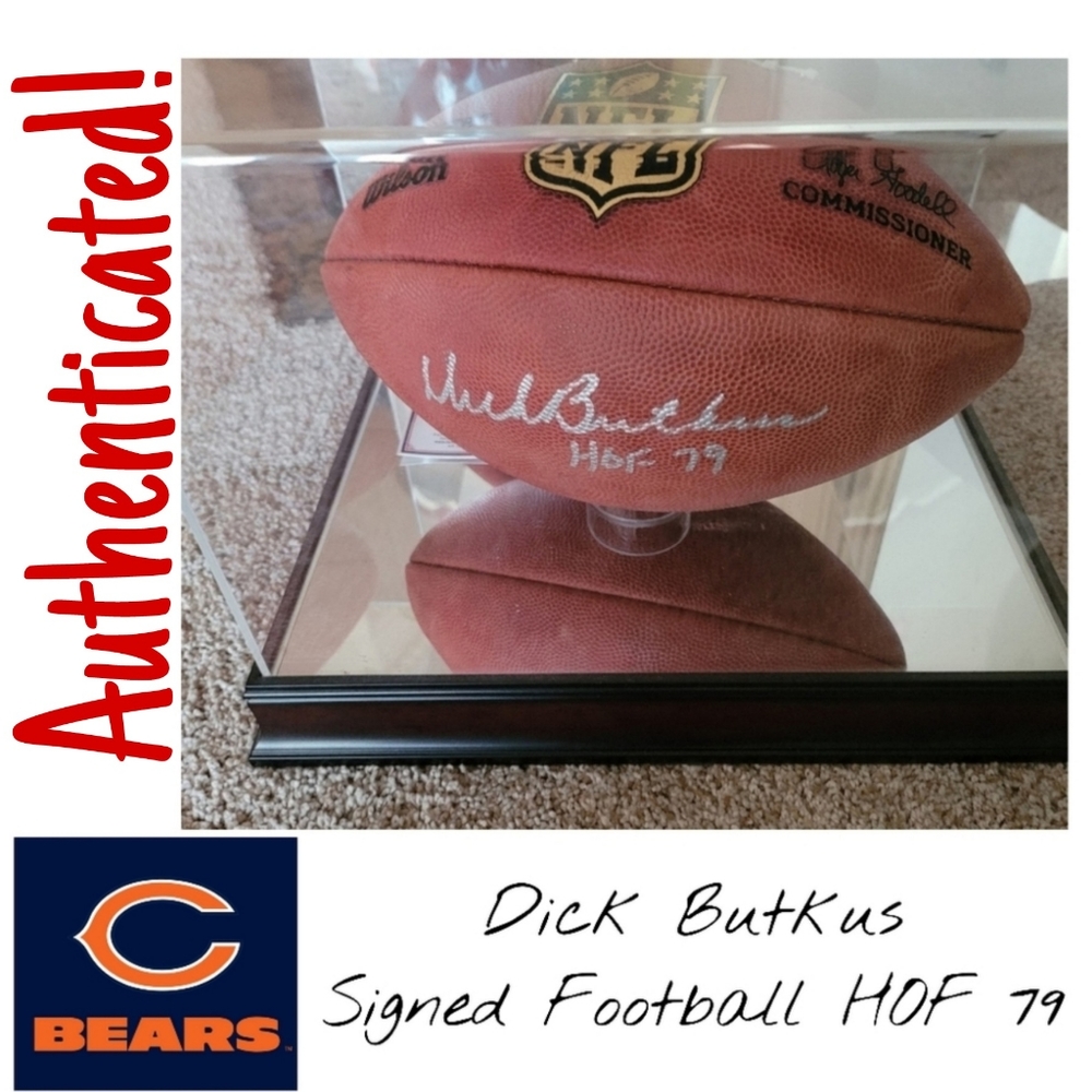 OBO. Dick Butkus Chicago Bears Autographed Football (authenticated) plus case